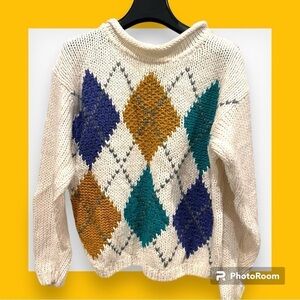 Nuggets Vintage Argyle Sweater Chunky Knit Oversized Mock Neck Medium